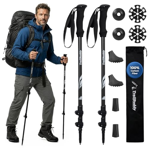 TrailBuddy 3K Carbon Fiber Hiking Poles - Collapsible Lightweight Trekking Poles for Hiking - Adjustable Walking Sticks for Women, Men, Seniors with All-Terrain Tips, Baskets & EVA Grips