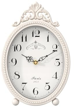 Abdurey Orologio da tavolo vintage su supporto, orologio decorativo da scrivania e mensola, stile rustico francese, orologio da camino bianco antico per soggiorno, fattoria, camera da letto, comodino