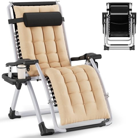Huracan Sonnenliege Liegestuhl Klappbar & Wetterfest, Extra Breit Gartenstuhl Belastbar 200kg, Ergonomisches Relaxliege Verstellbare Rückenlehne, Gartenliege mit Nackenkissen & Getränkehalter, Beige