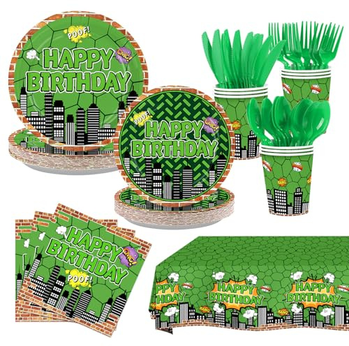 LADVCORP 170 Pcs Green Turtle Party Supplies Cartoon Birthday Plates and Napkins Cartoon Turtle Tableware Set for Girls Boys Comics Tortoise Birthday Party Supplies, Serves 24