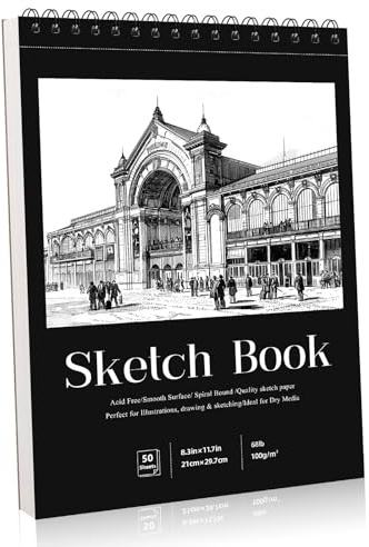 A4 Sketch Book, Hardcover Spiral Bound, 50 Sheets, 100gsm Paper | Acid-Free Paper, Perforated Pages, 360° Spiral Binding, Backboard Support, for Pencil Charcoal Pastel