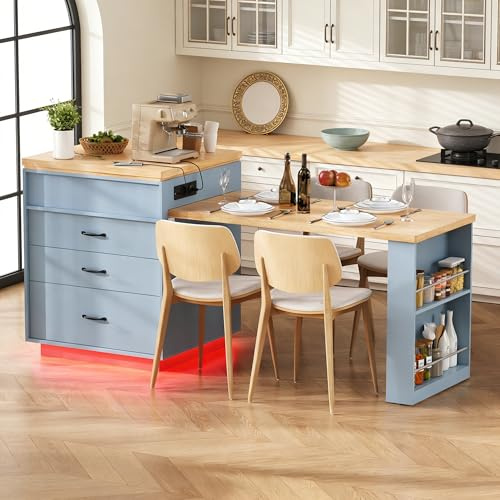 Wyibwy Mueble isla de cocina 125,5-187,5 × 71 × 93 cm, mesa de comedor extensible con iluminación LED, mesa de bar con tomas de corriente, carro de comedor sobre ruedas con superficie de trabajo (azul