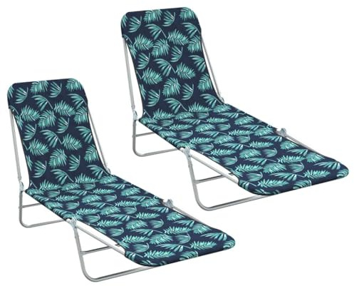 Fisinber Set di 2 lettini prendisole pieghevoli con motivo a foglie, in acciaio e tessuto Oxford 600D, sdraio da giardino regolabile, portata fino a 120 kg, sdraio a tre gambe per campeggio e spiaggia