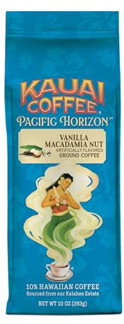 Kauai Hawaiian Ground Coffee, Vanilla Macadamia Nut Flavor (10 oz Bag) - 10% Hawaiian Coffee from Hawaii's Largest Coffee Grower - Bold, Rich Blend, 10 oz