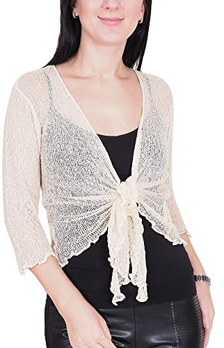 Mimosa Señoras Mujeres Crochet Bolero Brillo y Liso de Encaje Elastico Cardigan Abierto (Talla Unica ES 36-44, Cream)