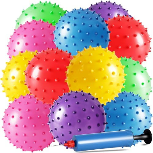 LOVEINUSA 12 Pack Bouncy Ball Knobby Massage Ball, 5 Spiky Sensory Toy for Kids & Adults, Stress Relief Office Desk Fidget Toy, School Prize & Party Favors with Pump