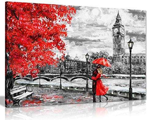 London Oil Painting Artwork Reproduction Big Ben Red Umbrealla Canvas Wall Art Picture Print (24X16), Bedroom