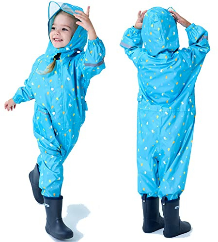 Fewlby Tuta Impermeabile Bambini, Tuta Pioggia Bambina Antipioggia con Cappuccio Poncho Impermeabile Ragazze Ragazzi Giacche da Pioggia con Cappello Trasparente per 7-9 Anni