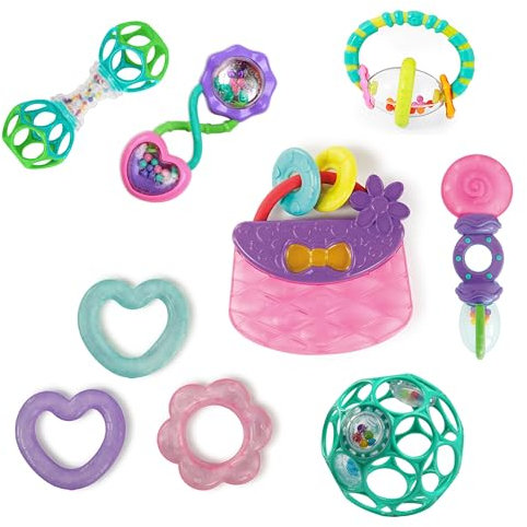 Bright Starts, Everything Nice 9 Stück Geschenk-Set - BPA-freie Rasseln und Beißringe, lila und rosa Babyspielzeuge, Neugeborene+