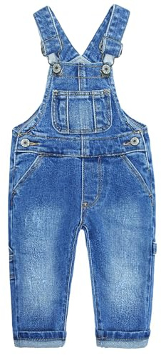 KIDSCOOL SPACE Barn pojkar flickor liten ficka med haklapp justerbara remmar jeansoveraller, söt denim trasig tröja, Blå-2341, 18-24 mois