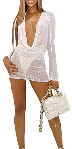 Zukmuk Transparentes Minikleid für Damen, kurzes Sommerkleid, transparent, langärmlig, sexy, elegantes Kleid, Party, Damen, Festkleid, lässig, Blanc, S