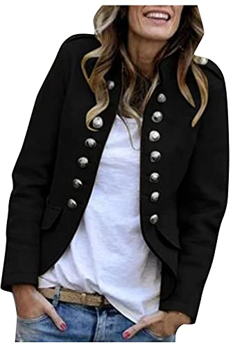 IQYU Traditionell kavaj dam ståkrage: sweatshirtblazer dam sportig, kort blazer, militärblazer – kort kappa, ull-kavajknappar fram kofta vår höst övergångsjacka business kontor kostym jackor, svart, XXL
