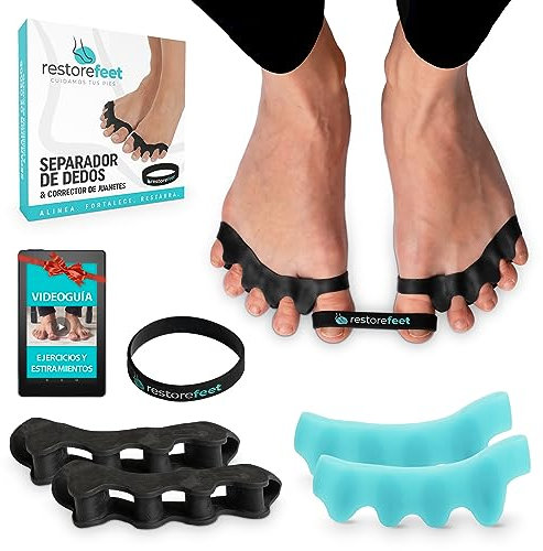 RestoreFeet Separatore Dita Piedi con Fascia Anti Alluce Valgo – 2 Paia (Nero + Azzurro) + Banda Nera – Confezione con Video Guida Esercizi – Silicone 0% BPA Uomo Donna