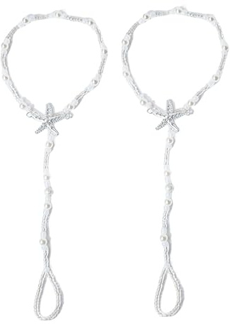 CASOLVX Bridal Starfish Barefoot Sandals Boho Beaded Bracelets Anklet Rhinestones Foot Chain Jewelry for Women and Bridal 2PCS