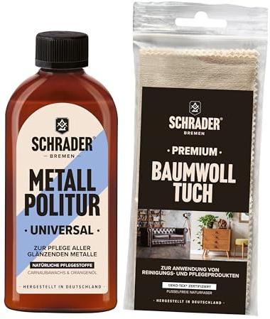 SCHRADER Metallpolish universell – vårdprodukter för släta metaller – rengöringspoleringskräm – 1 x 250 ml – med polerduk – tillverkad i Tyskland