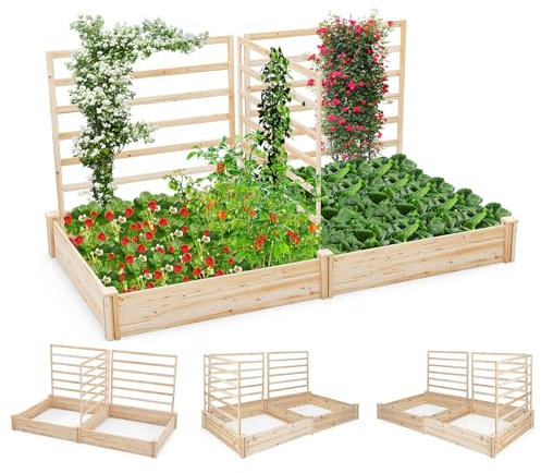 GOPLUS Jardinera con enrejado, bancal alto con 3 enrejados, jardinera con ayuda para enredaderas, para jardín de madera de abeto, para plantas trepadoras (222 x 114 x 110 cm)