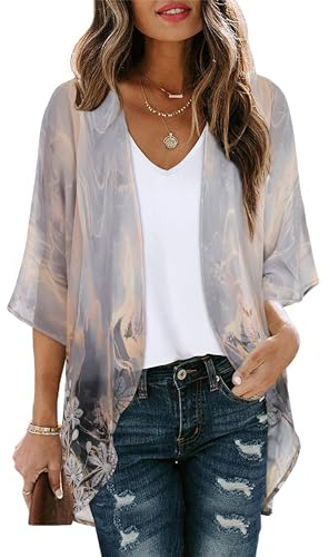 Women's Floral Print Puff Sleeve Kimono Cardigan Loose Cover Up Casual Blouse Tops (Grey Gold Floral,L)