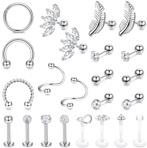YADOCA 23 Pièces Helix Tragus Piercing Femmes Hommes Acier Inoxydable Cartilage Boucles d'Oreilles Cerceaux Piercing Oreille Bijoux Nez Lèvres Ring CZ Haltère Piercing Set pour Filles Cadeau