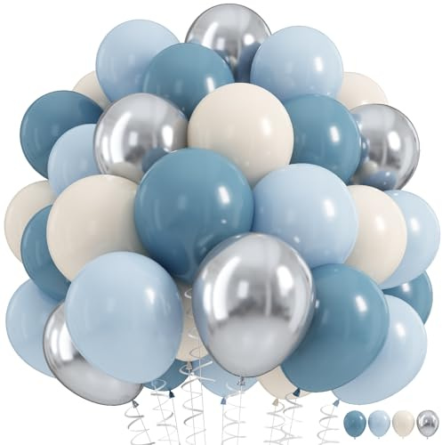 Dusty Blue Balloon Set, 60Pcs 12 Inch Retro Baby Slate Blue Ivory White Metallic Silver Balloons Birthday Decor, Pastel Beige Cream Ocean Balloon for Bridal Wedding Gender Reveal Party Decorations
