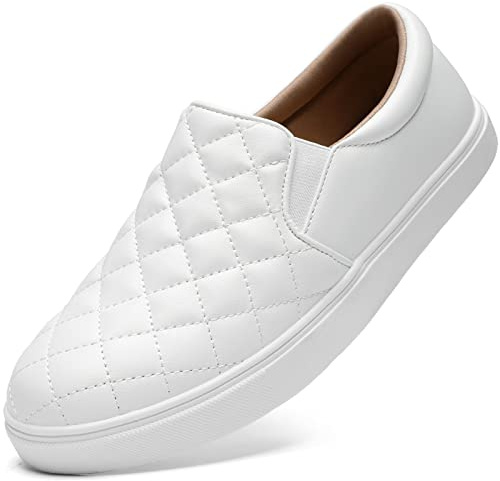 STQ White Wide Toe Box Slip On Shoes Women Quilted Fall Sneakers Walking Business Casual Tennis Comfortable Fashion Nursing White Size 11 Wide