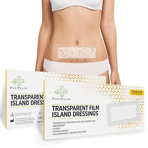 Posi Pulse Transparent Film Island Dressings - 5 Large Self-Adhesive, Showerproof Wound Dressings for Post-Surgery, C-Section Care. Sterile, Latex-Free, Single Use. 10cm x 25cm Overall, 20cm x 5cm Pad