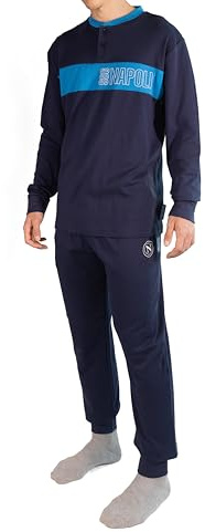 hermet SSC Napoli, Pigiama Homewear Serafino in Interlock di Cotone, 100% Cotone, Maglia più Pantalone, Blu, con Logo del Napoli, Taglia S
