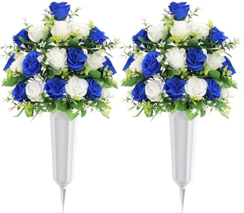 U'Artlines 2Pcs Artificial Cemetery Flowers with Vase for Grave, Silk Memorial Day Rose Flowers Bouquet Outdoor Grave Flowers for Grave Vase Cemetery Graveyard Headstones (Blue White)