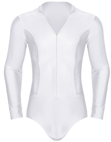 TiaoBug Herren Latein Body Langarm Hemd Bodysuit Ballettanzug Ballett Trikot Strasssteine Gymnastik Leotard Eiskunstlauf Kostüm Weiß M