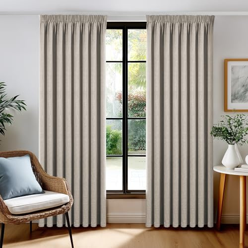 Deconovo Cortinas Opacas 100% Térmicas Efecto Lino con Cinta Fruncidora, Juego de 2 Paneles 140x245 cm, Marrón Claro – Aislantes Frío y Calor para Salón y Dormitorio