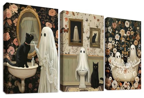 3 Pcs Wooden Framed Canvas Wall Art Funny Halloween Ghosts Canvas Prints Ghost on Toilet Black Cat Painting Gothic Vintage Floral Pictures for Bathroom Hallway Street Bar Wall Decor 30x40 cm x3pcs