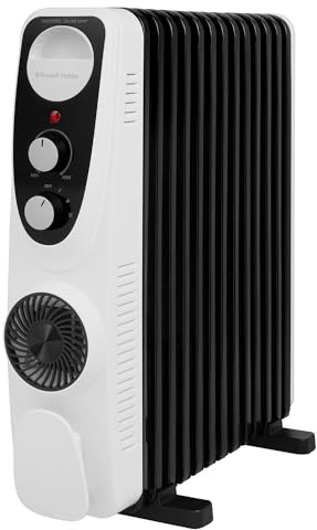 Russell Hobbs 13 Fin Oil Filled Radiator 2500W, White & Black Portable Electric Heater with 3 Heat Settings and Fan, Wheels & Integrated Handle, Overheat & Tip Protection, 29m² Room Size, RHOFR2403
