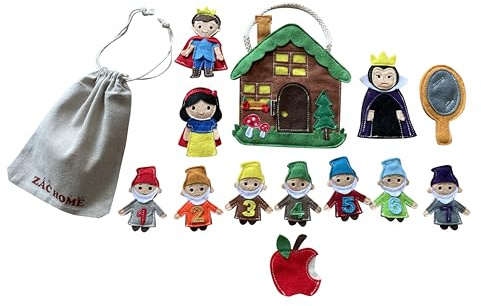 ZAC HOME Fairytale Storytelling Puppets – Dwarfs, Princess, Prince, Evil Queen & Story Accessories – Felt Puppets with Storage Bag for Kids Storytelling, Nursery Rhymes, and Pretend Play