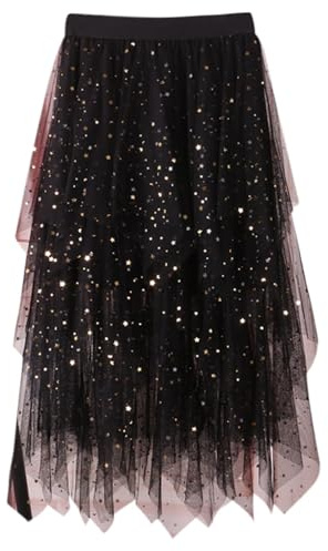 Raopuzi Falda Lentejuelas Mujer Faldas Largas de Tul Irregular Falda Tutu Mujer para Halloween, Bajo La Faldas En Capas Cintura Elástica Casual de Gasa Negra, Elegante Vintage para Ballet Prom Party