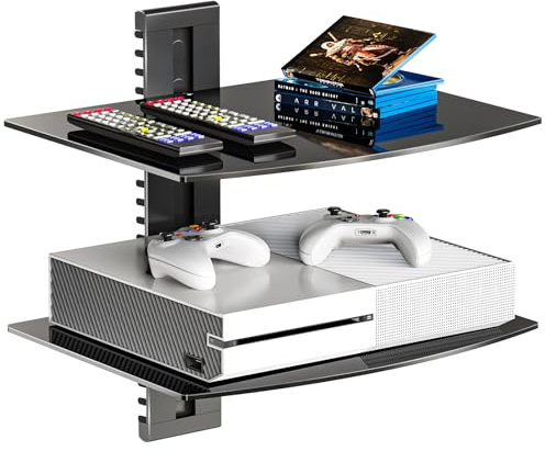WALI Floating Entertainment Center Shelves, Holds Up to 8 kg, TV Shelf with Strengthened Tempered Glasses for DVD Players, Cable Boxes, Games Consoles, TV Accessories (CS202B), 2-Tier, Black
