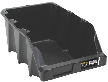 Perel Bac à bec empilable en plastique pour vis et petites pièces, bac de rangement avec porte-étiquette pour atelier garage entrepôt, noir, 12 l, 217 x 360 x 155 mm