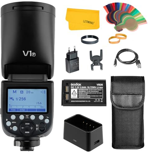 Godox V1 V1-F V1F Flash pour Appareil Photo Fuji, 2.4G TTL FUJIFILM Flash à Tête Ronde HSS 1/8000s, Lampe Pilote LED à 10 Niveaux, 480 Flashes à Pleine Puissance, Temps de Recharge de 1,5s