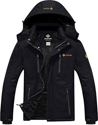 GEMYSE Herren Wasserdichte Skijacke Winddichte Fleece Outdoor Winterjacke mit Kapuze (Schwarz 06,XL)