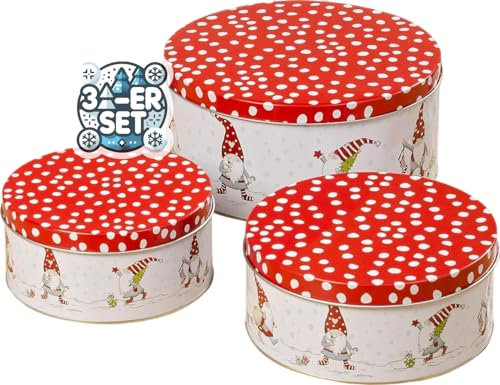 CasaJame 3er Set Metall Keksdose Plätzchendose rund Weihnachten Wichtel rot weiß Gepunkteter roter Deckel Sortiert 14-20 cm