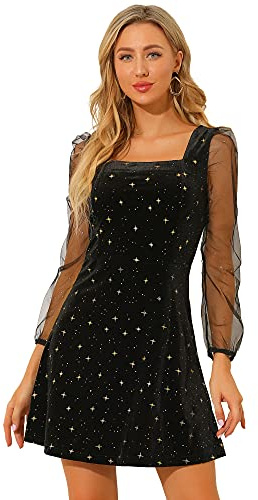 Allegra K Women's Sparkly Glitter Velvet Mesh Sheer Sleeve Star Metallic Dress X-Large Black