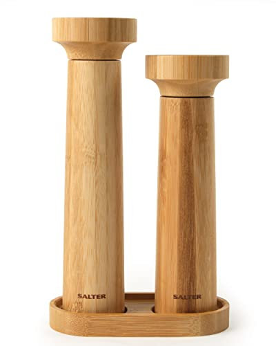 Salter 7614 WDXR Eco Bamboo Salt & Pepper Grinder Set - Solid Bamboo Mills with Stand, Manual Twist & Grind, Ceramic Mechanism, Fine to Coarse Adjustable Grinding, BPA-Free, 60g Salt/30g Pepper