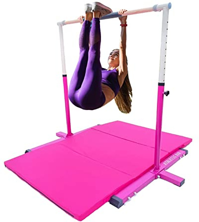 Athletic Bar Gymnastics Bar Kip Bar for Kids with 6'x4' Tumble Gymnastics Mat Set, Adjustable Height 3 to 5 FT Horizontal Bar Professional Junior Gymnast Gymnastic Bar, Expandable Asymmetric Bar Pink