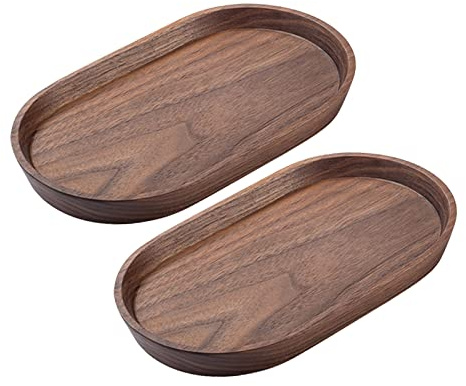 Vandroop Mini vassoi da portata per feste, piccolo vassoio decorativo per tè e caffè, piatti ovali in legno per servire cibo per antipasti e verdure per bagno 20 x 10 cm (noce, set di 2)