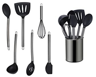 ECHTWERK Küchenuntensilien, 7-teiliges Küchenhelfer-Set, Küchenzubehör, Kochbesteck mit Edelstahlgriff, mit Utensilienhalter, Kochzubehör, Antihaft Silikon Haushaltshelfer, Black-Edition, EW-KS-7040S