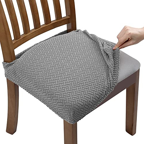 Fuloon 6PCS Housse de Chaise Siege Extensible Gaufrée Jacquard Amovibles Lavables pour Salle à Manger Cuisine Bureau Hôtel (avec Sangles de Dossier)