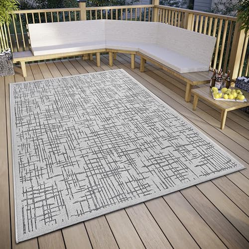 Hanse Home Telu In- & Outdoor Teppich Wetterfest – Modernes Muster, Wasserfest robuster Aussenteppich Flachgewebe für Garten, Balkon, Terrasse, Wohnzimmer – Beige Grau, 63x120cm