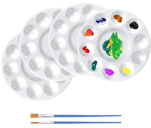 4 Stück Mischpalette 17cm, Malpalette mit Pinsel für Malen und Bastelarbeiten,Rund
