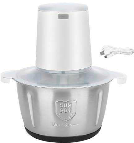 USB wiederaufladbarer elektrischer Fleischwolf, 2L große Kapazität 4 Klingen Fleischwolf, vollautomatischer eingebauter 2000mAh Akku Food Processor, Hochleistungs-Edelstahl-Gemüse-Obst-Wolf (Weiß)
