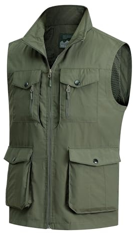 MeiLayM Chaleco de Pesca Al Aire Libre para Hombres - Multibolsillos, Malla Respirable, Ligero, Sin Mangas - Chaqueta para Fotografía y Viajes - Verde Militar, M