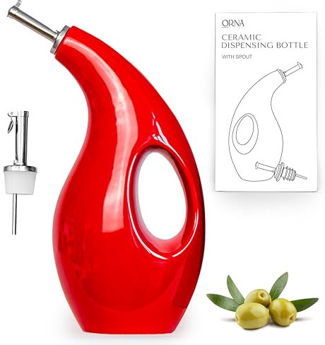 ORNA Flacon distributeur d'huile en céramique avec 2 becs verseurs - 700 ml - Flacon verseur pour cuisine avec becs verseurs en acier inoxydable pour huile d'olive, vinaigre, sirop - Rouge