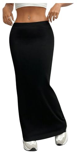 GORGLITTER Damen Maxirock Rockabilly Vintage Lange Röcke Enger Freizeitrock Hohe Taille Partyrock Schwarz L